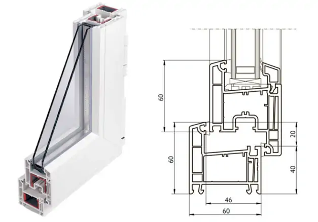 Фото:&nbsp;REHAU THERMO-Design (Рехау Термо- Дизайн) с классической створкой, в разрезе и чертёж. 